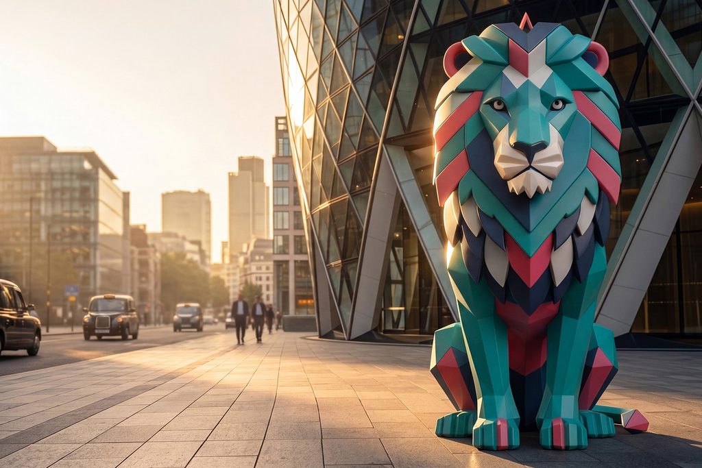 Geometric teal, navy and red lion sculpture on a London pavement beside a curved glass tower at sunrise.