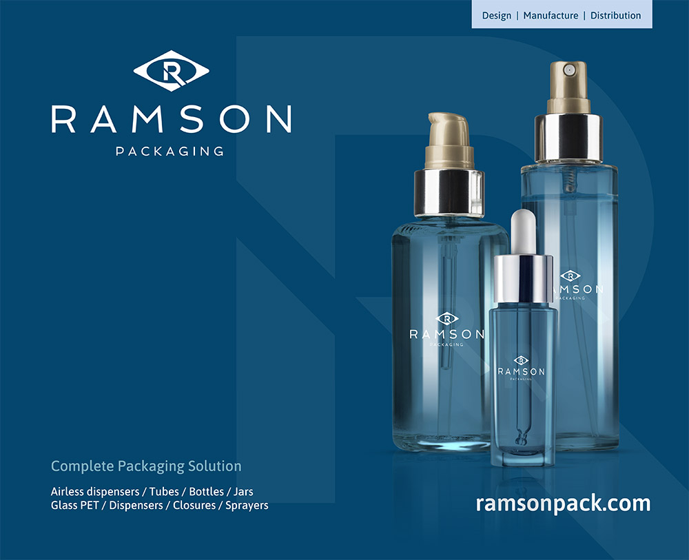 Ramson Packaging exhibition board with blue product packaging