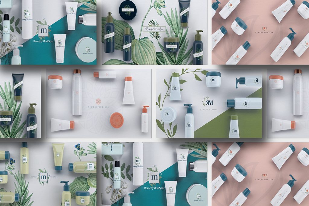 Remedi Medispa product and stationery mockups in pastel colours