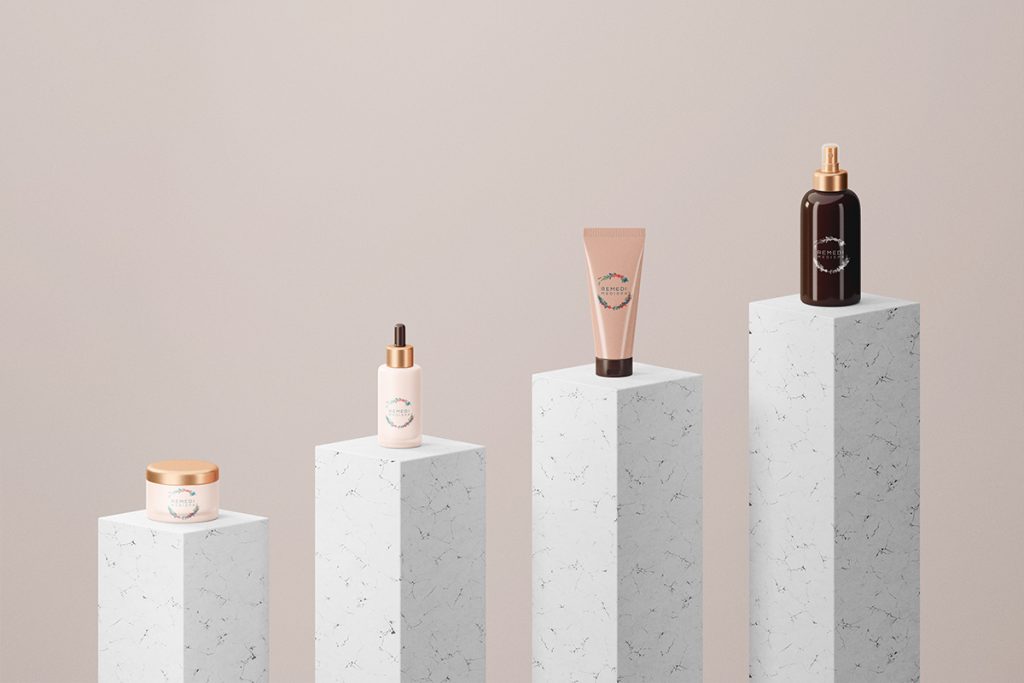 Remedi Medispa skincare products displayed on individual plinths