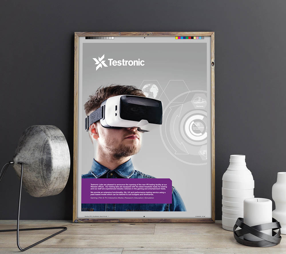Testronic VR campaign poster with a person wearing a headset