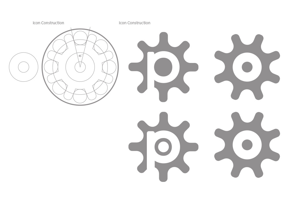 Pirum cog logo construction sketches and symbol development
