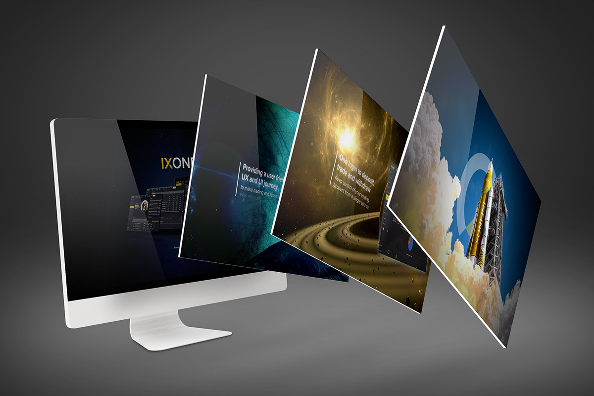 IX ONE product video screens arranged around a desktop monitor