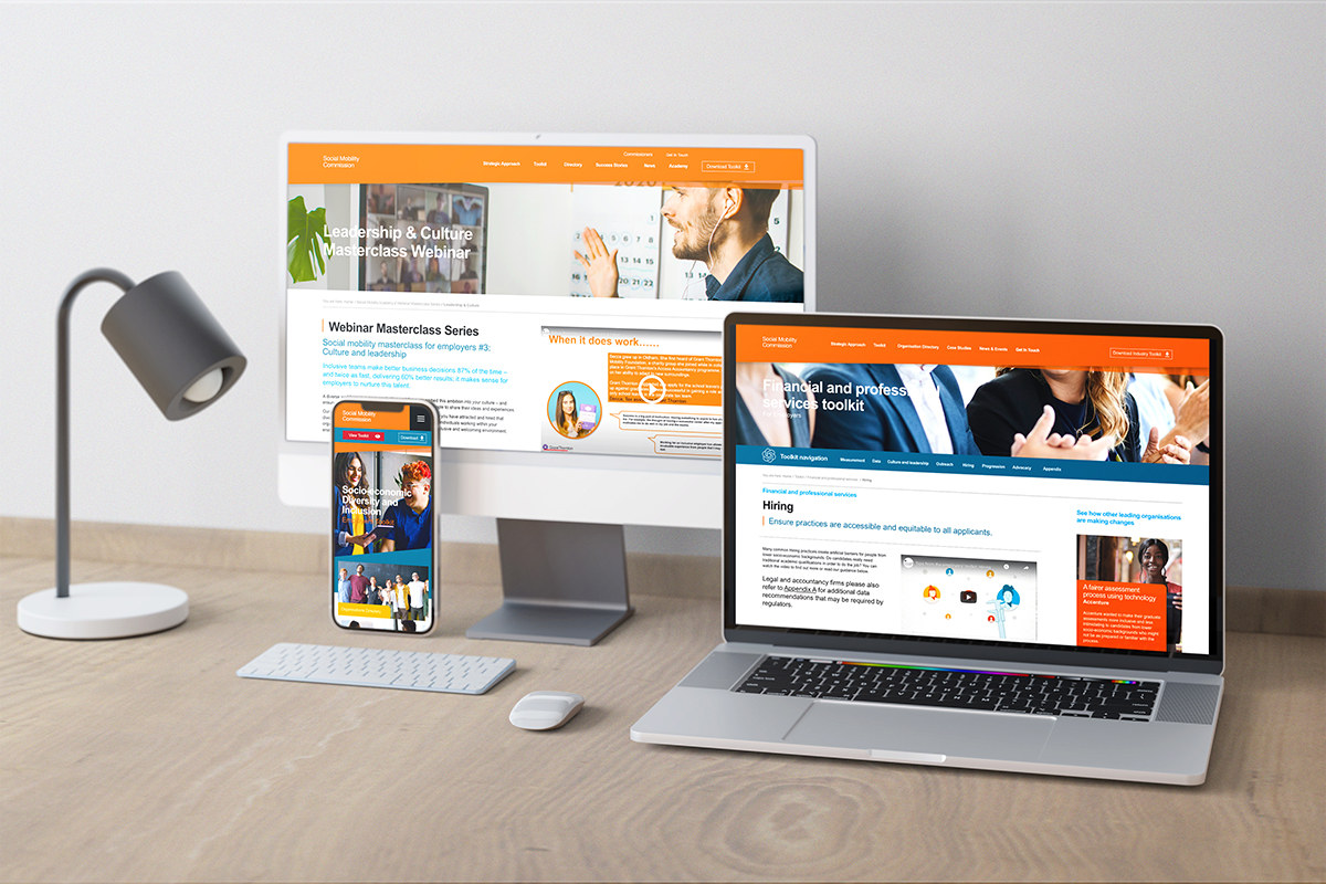 Social Mobility Commission website shown across desktop, laptop and phone