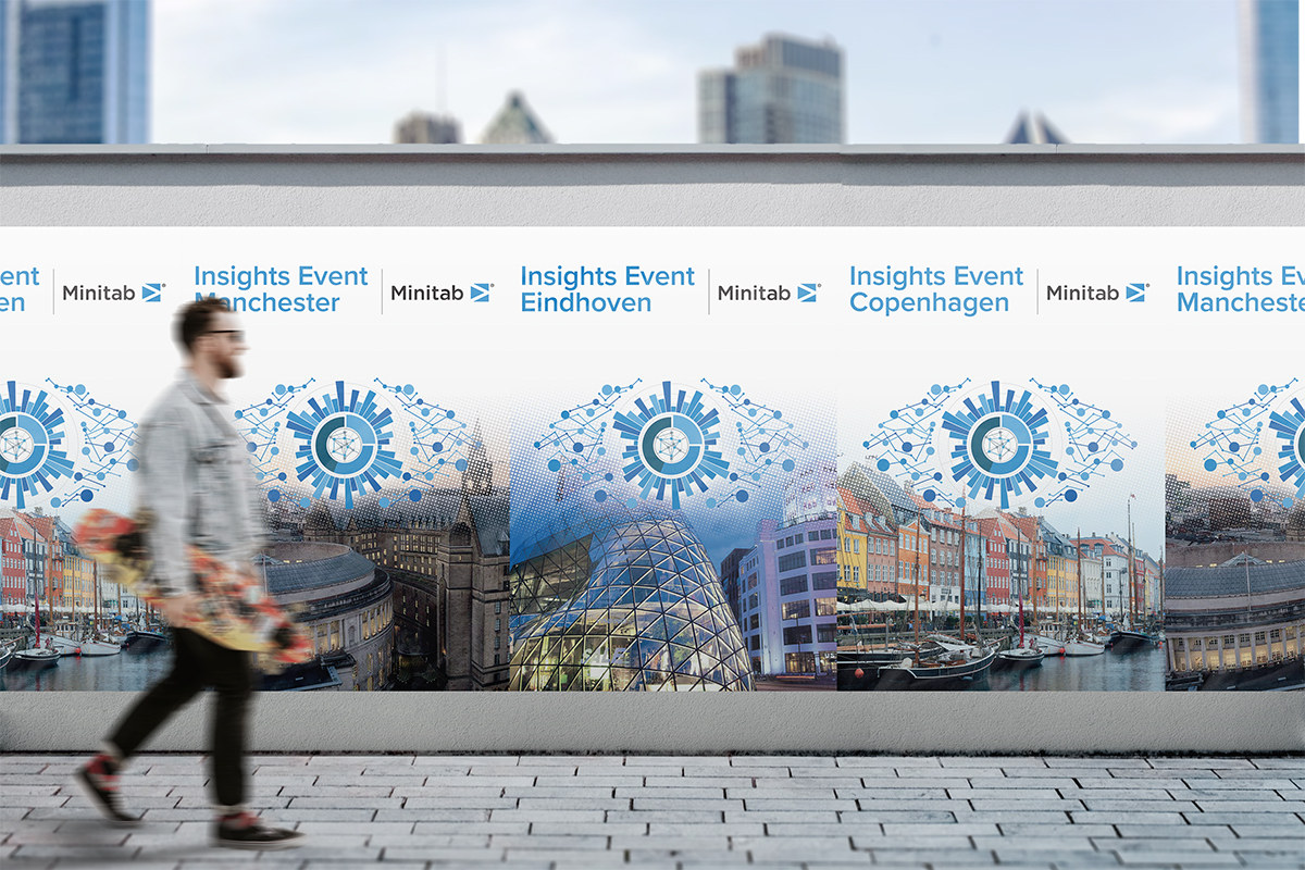 Minitab campaign banners displayed in a city setting