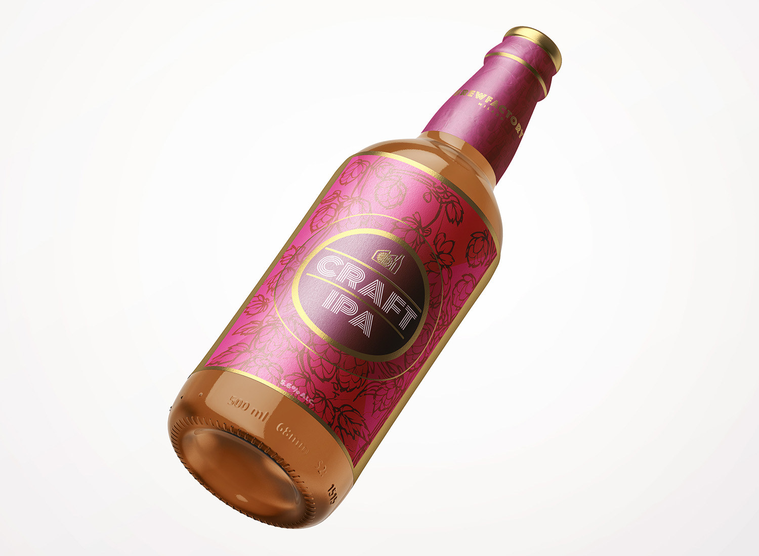 Brew Factory branded beer bottle mockup