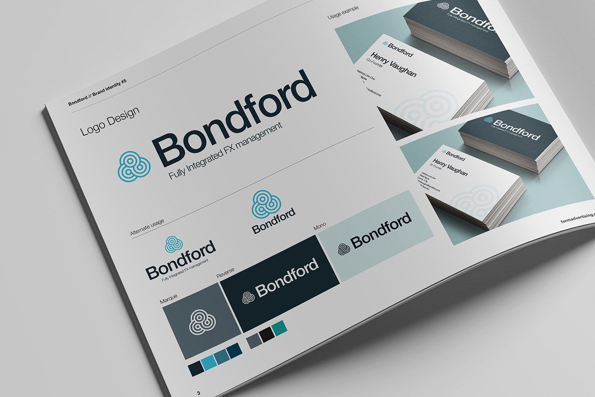 Bondford brand guidelines showing logo, colour palette and business cards