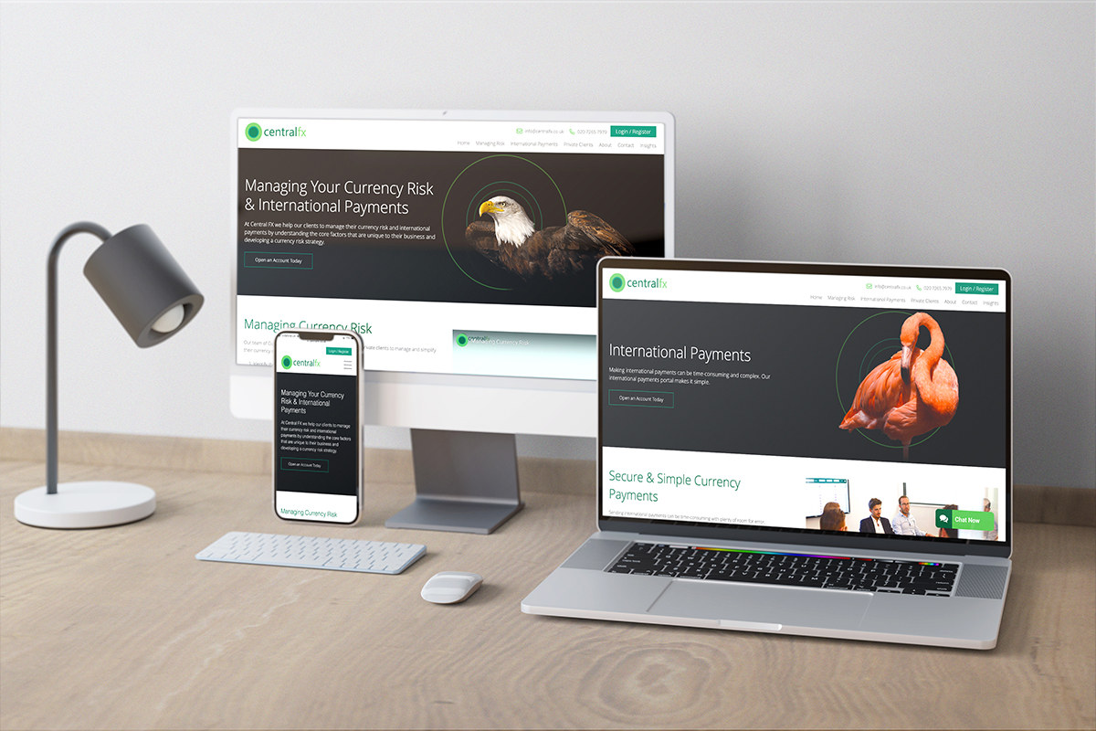 Central FX responsive website designs across desktop, laptop and phone