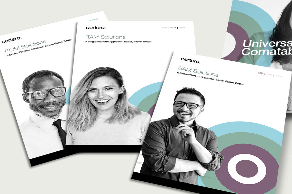 Certero collateral layouts with portraits and colourful brand graphics