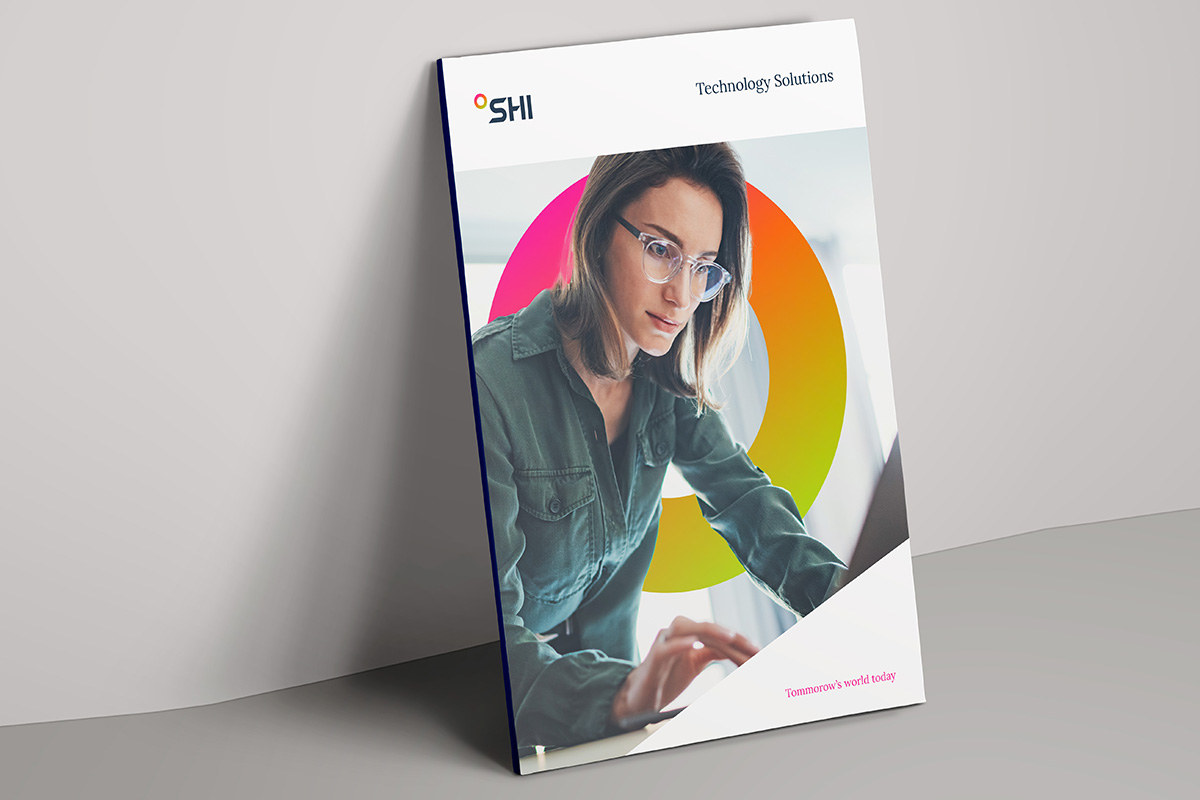 SHI technology report brochure with portrait-led cover design