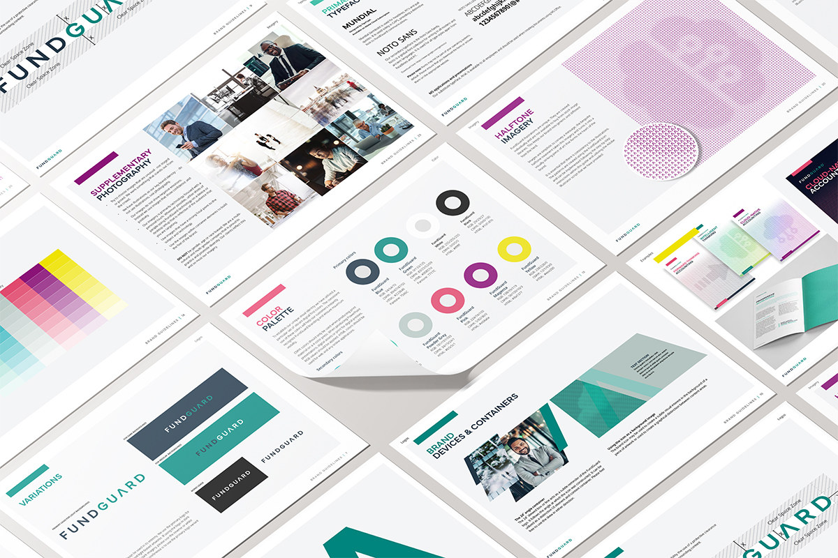 FundGuard brand guidelines and visual system layouts