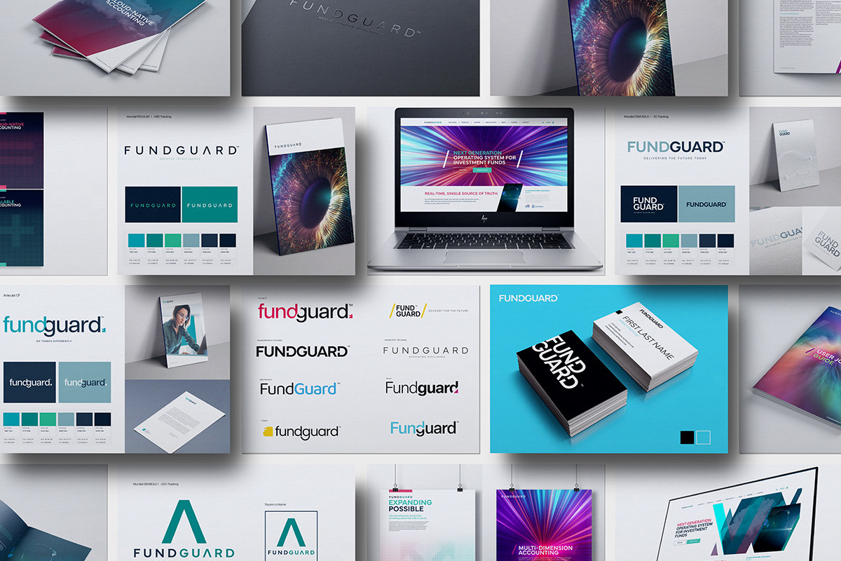 FundGuard brand identity applications across digital and print collateral