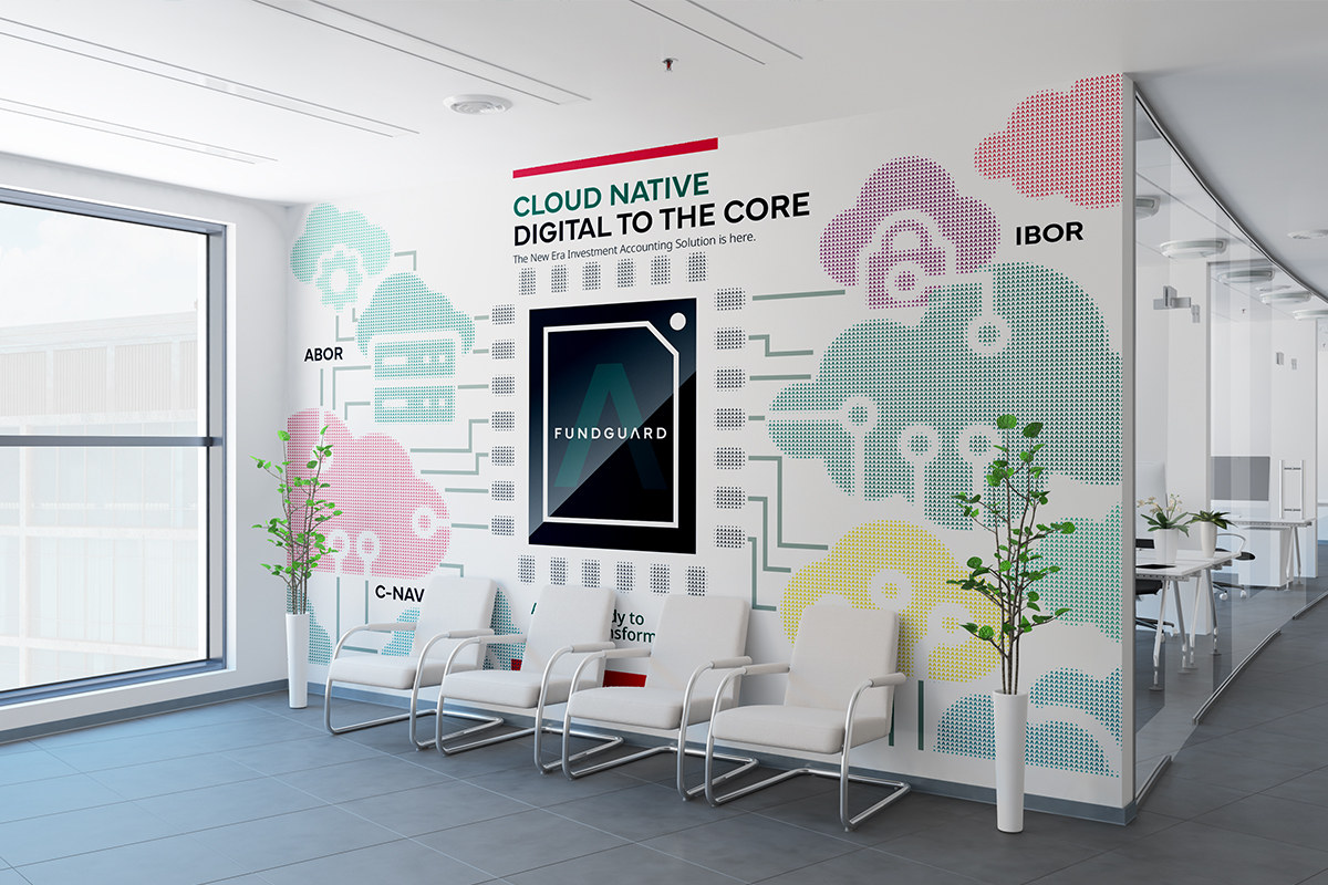 FundGuard office wall graphic with cloud-native technology messaging