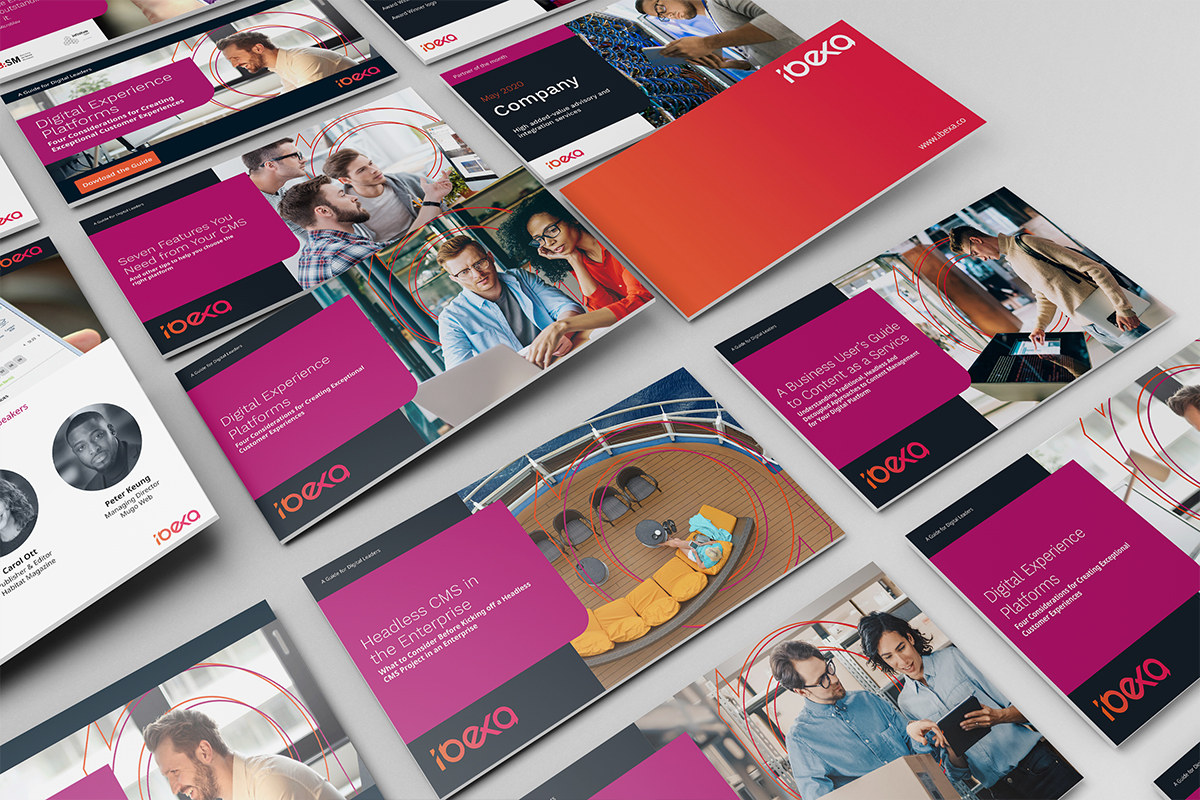 Ibexa campaign banner and brochure layouts in magenta and teal