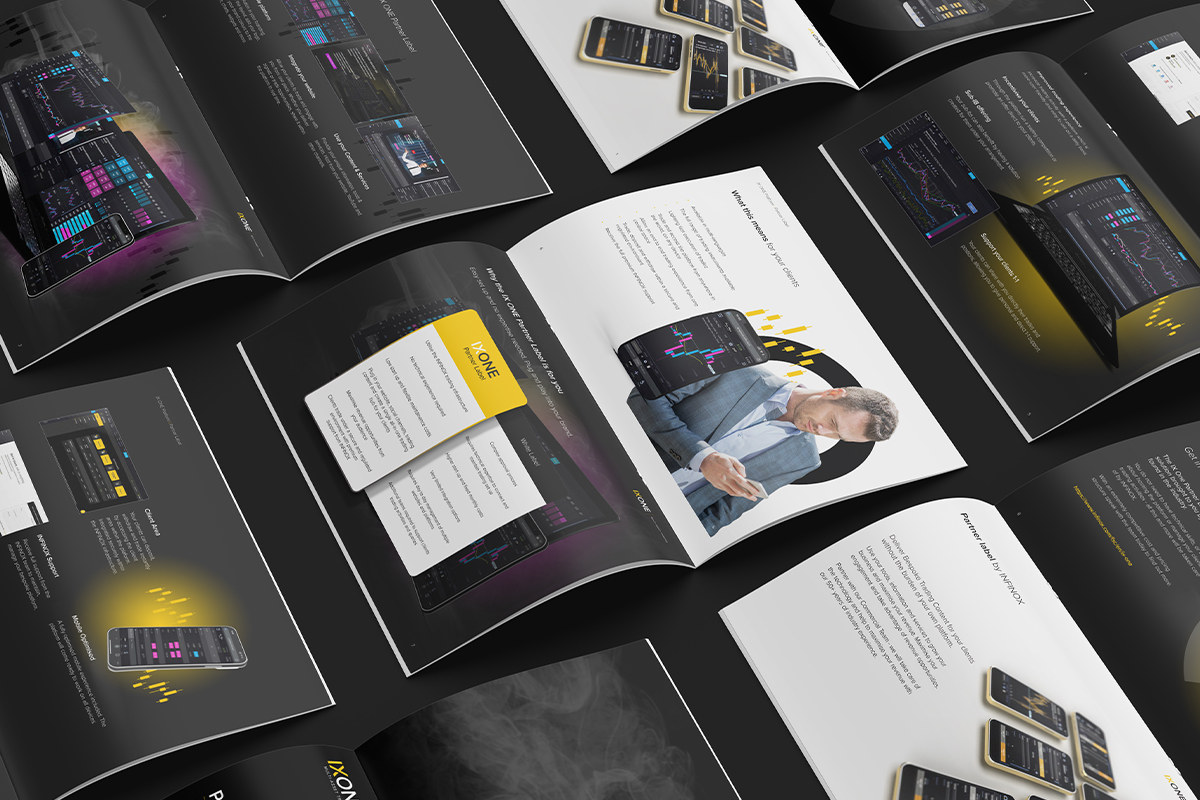 IX ONE brochure and dark product collateral layouts