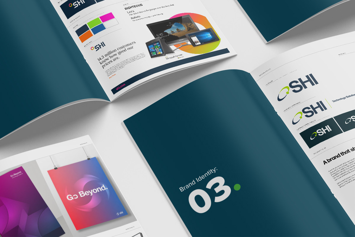 SHI rebrand pitch presentation and collateral mockups