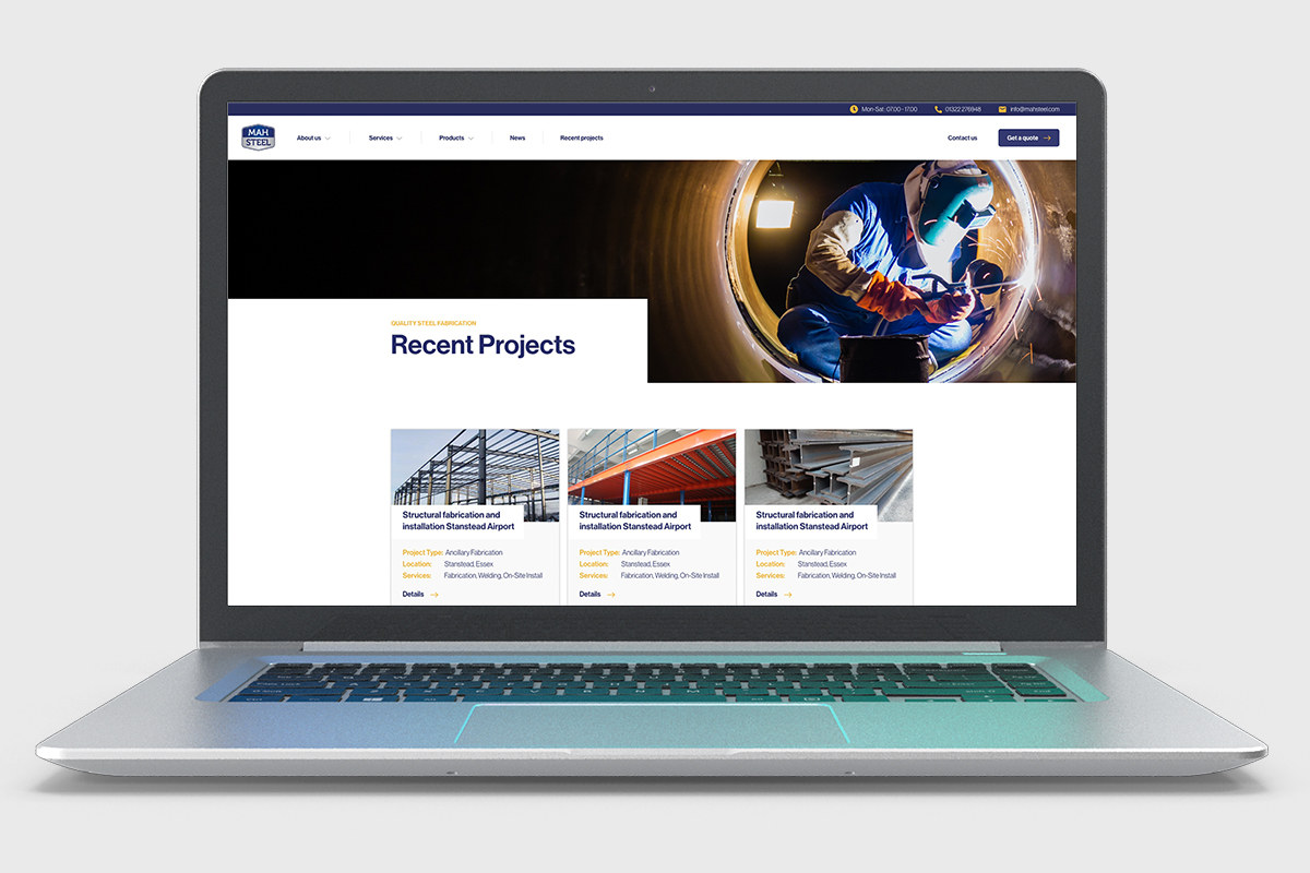 MAH Steel recent projects page displayed on a laptop