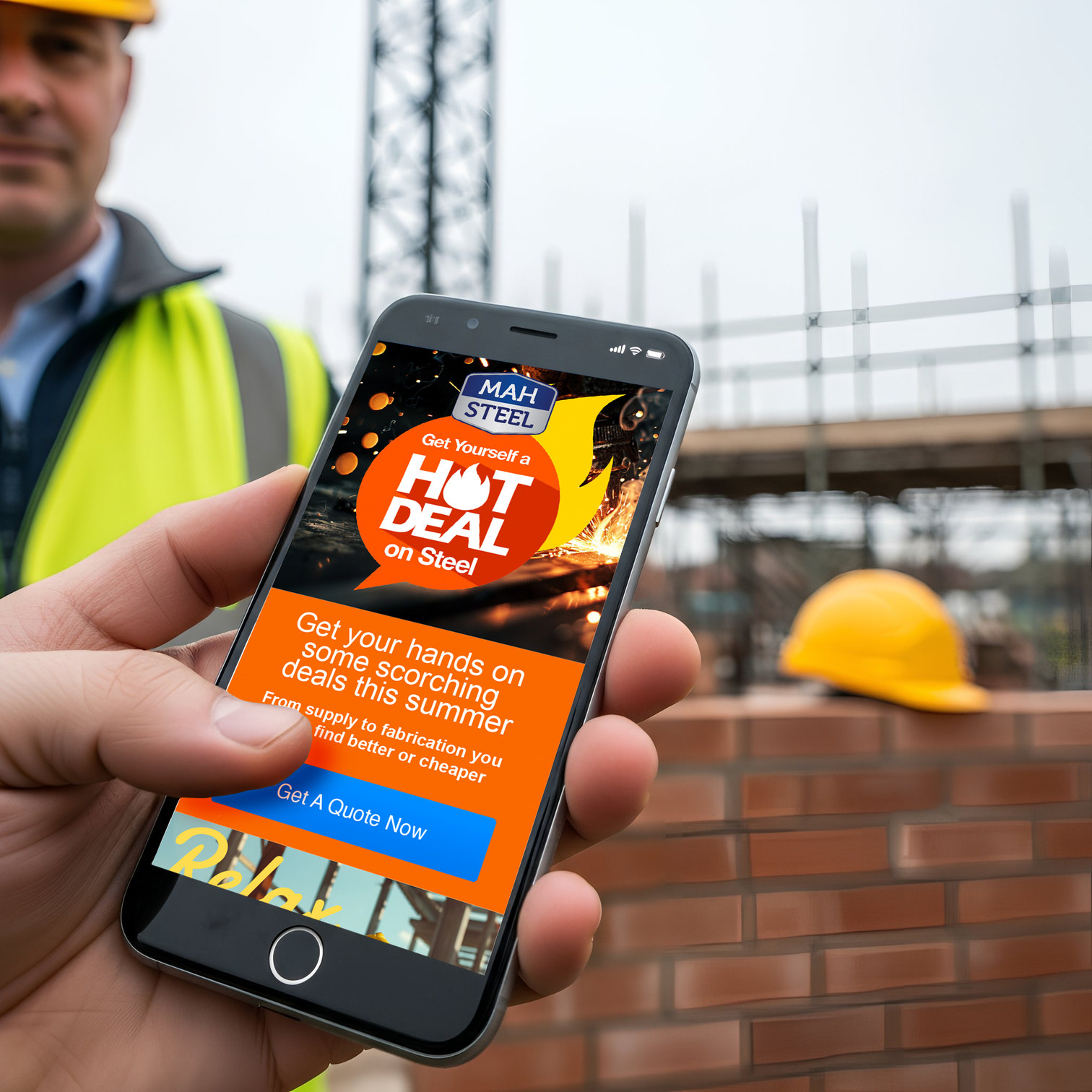 MAH Steel 'Hot Deal' mobile campaign shown by a construction worker