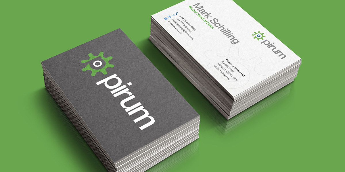 Pirum business cards in green, charcoal and white