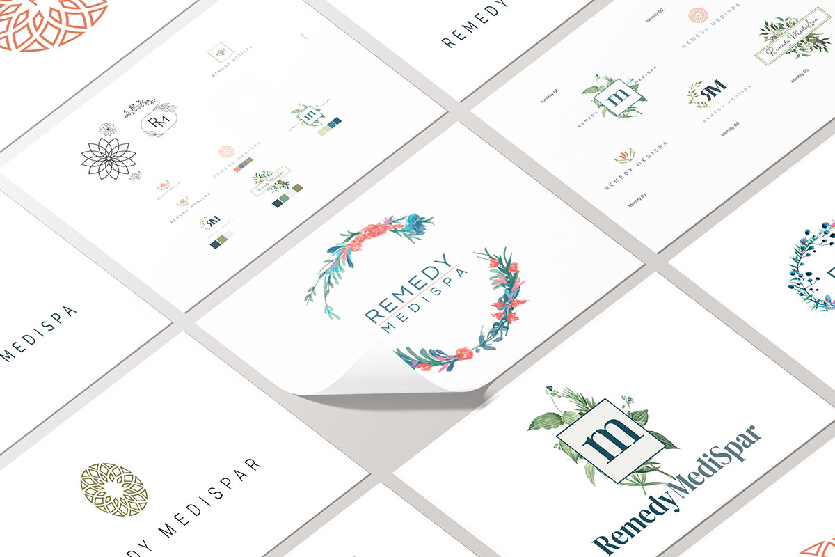 Remedi Medispa logo development and floral identity concepts