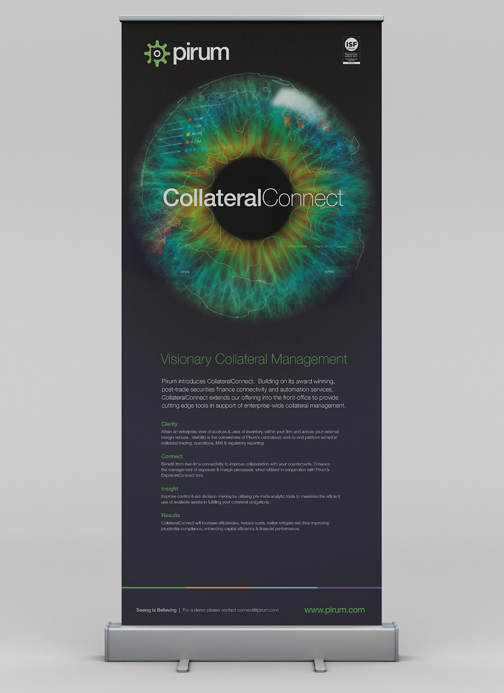 Pirum roll-up banner with a colourful circular data visual