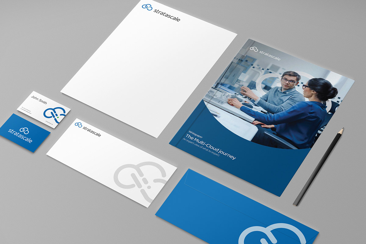 StrataScale stationery mockup in blue and white
