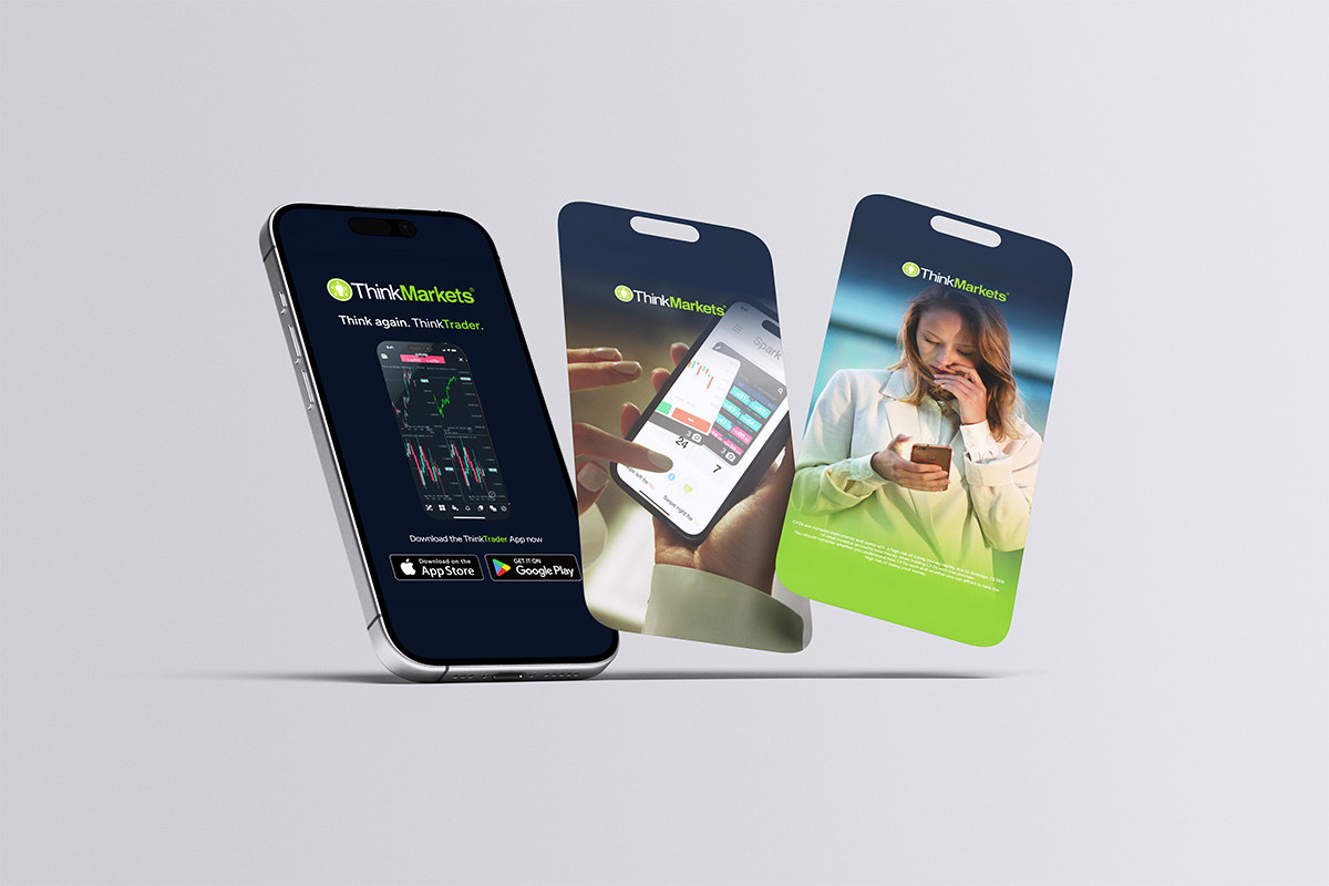 ThinkTrader mobile trading campaign displayed on three smartphones