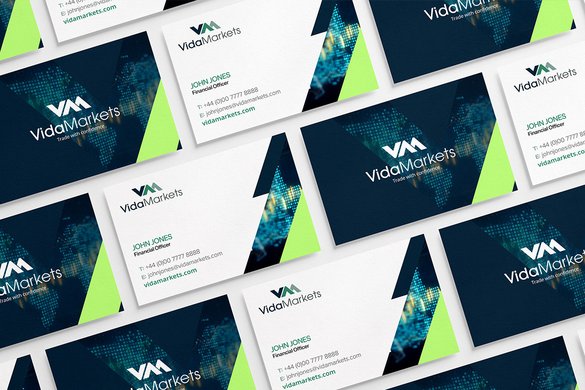 Vida Markets business cards in dark green and white