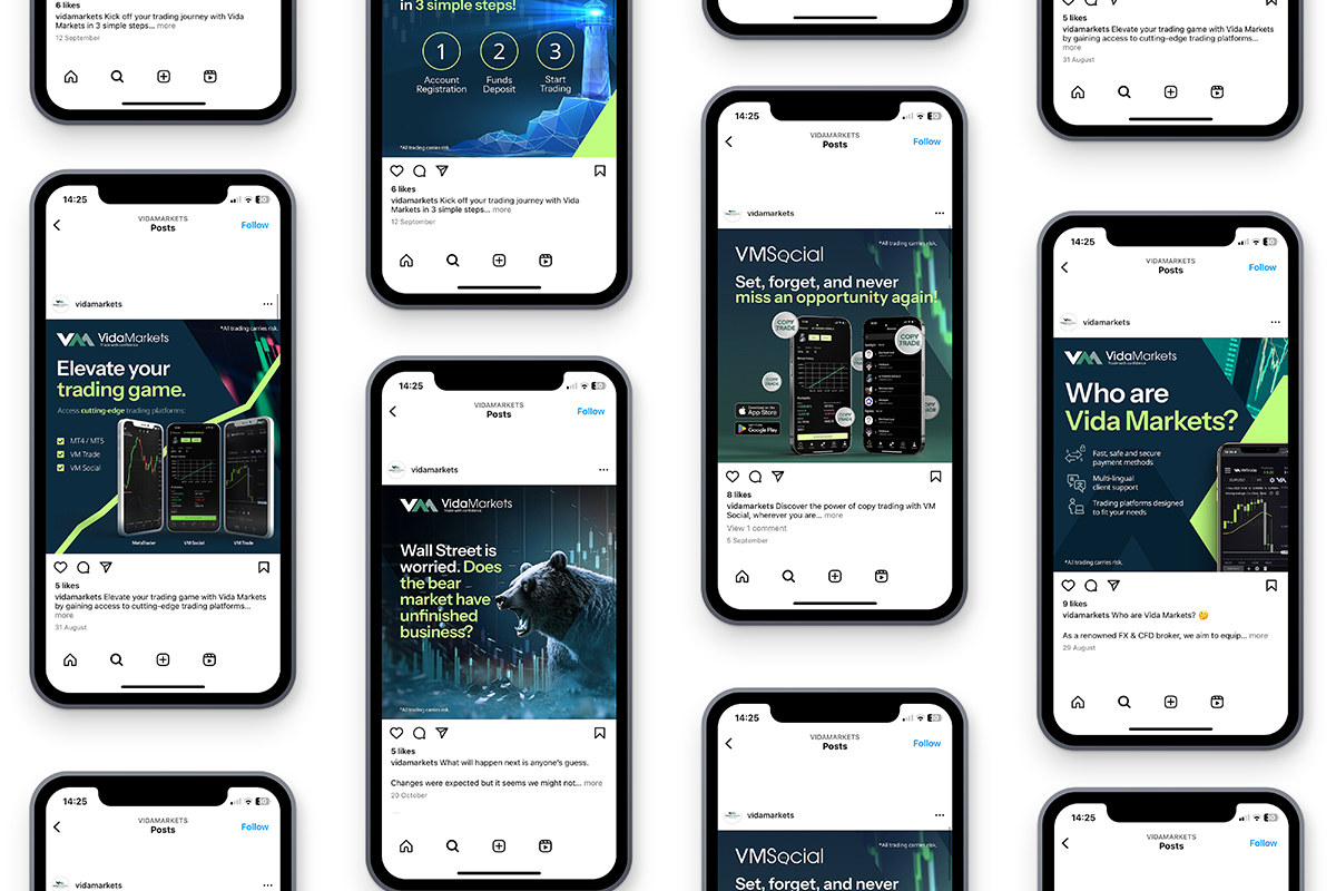 Vida Markets social media posts displayed across smartphones