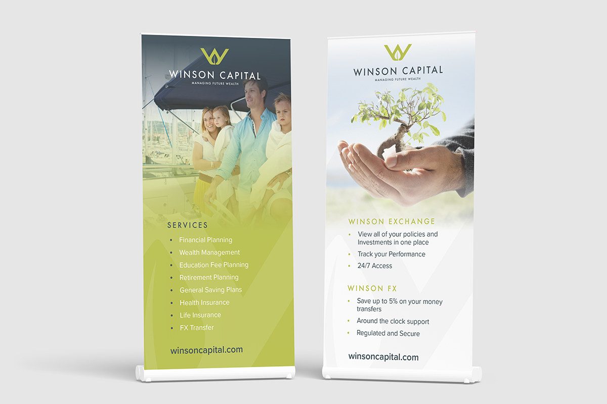 Winson Capital roll-up banners with lifestyle imagery