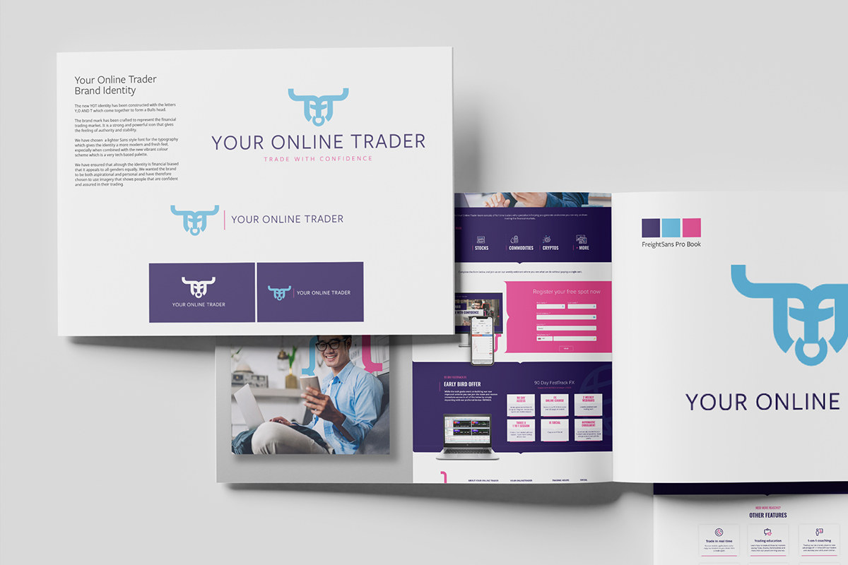 Your Online Trader brand identity boards with bull logo and purple palette