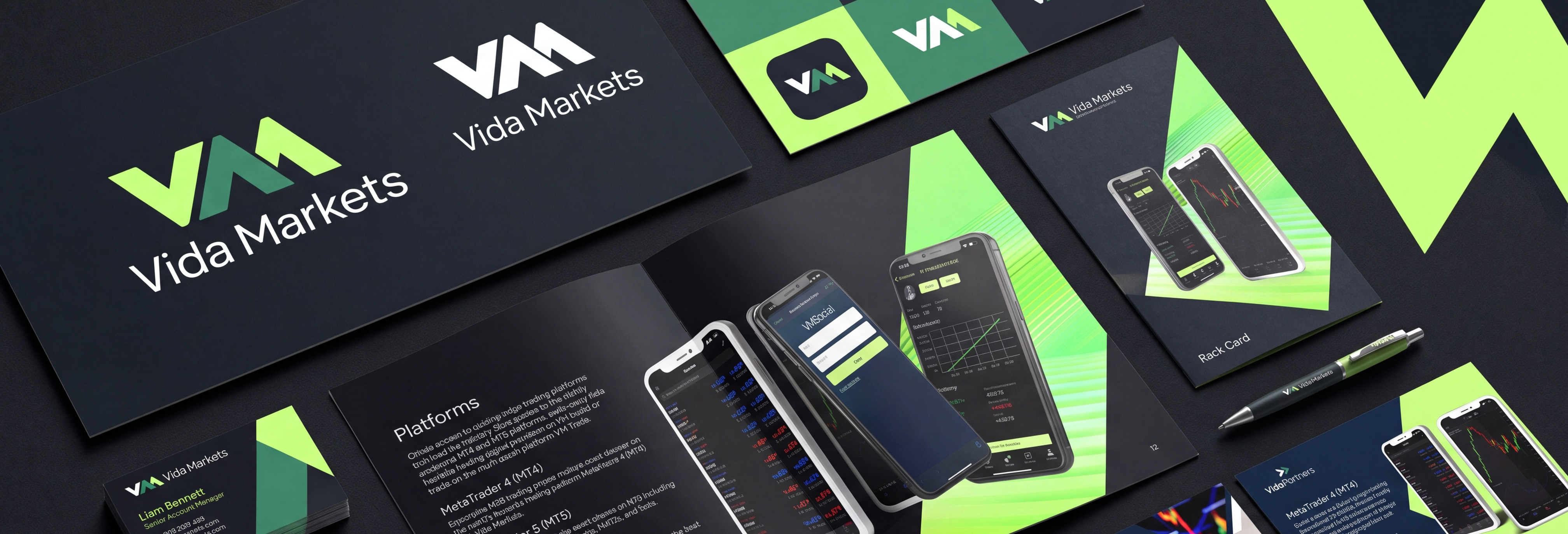 Vida Markets brand stationery and digital collateral in green and dark blue
