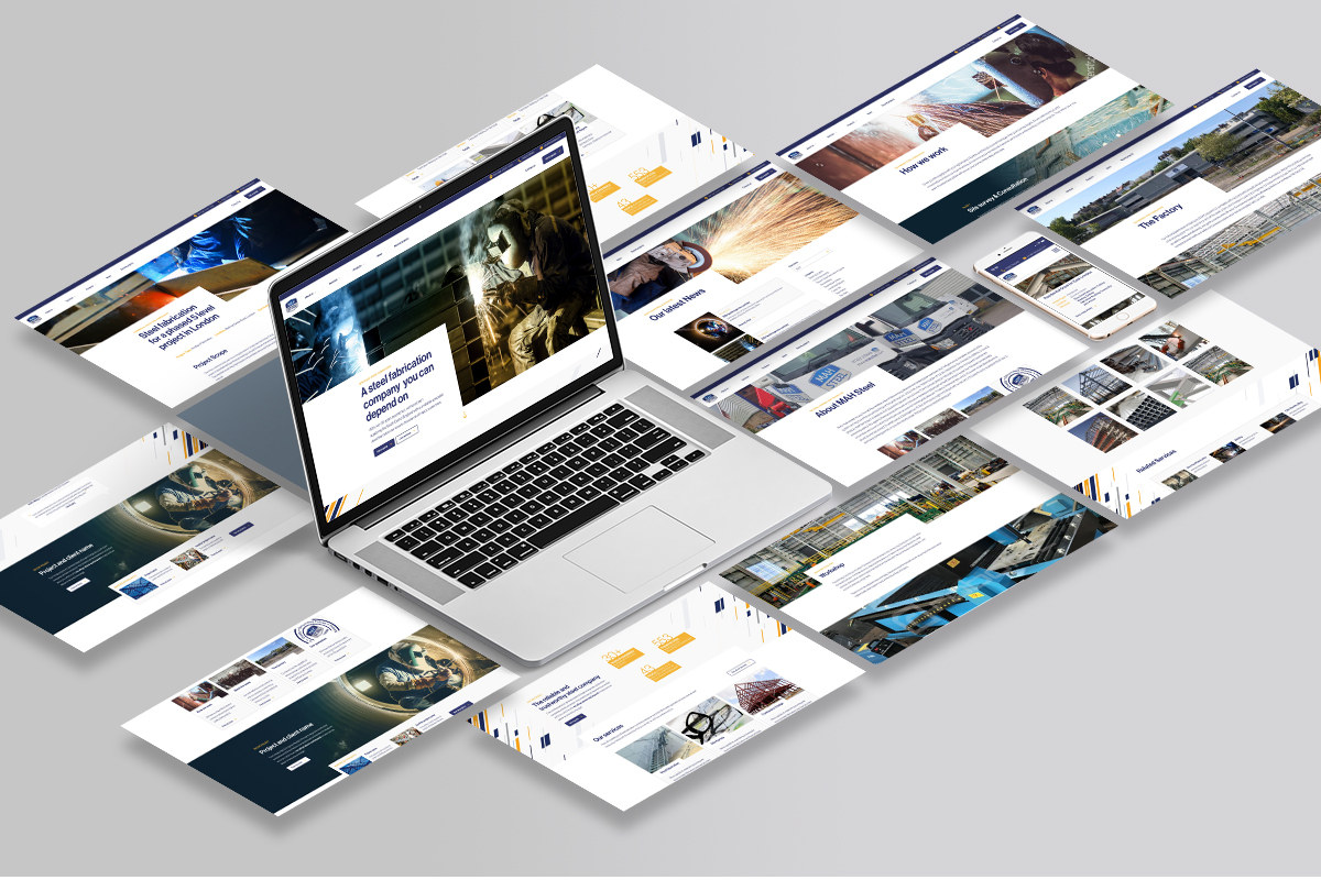 MAH Steel website designs across laptop and layered screen mockups