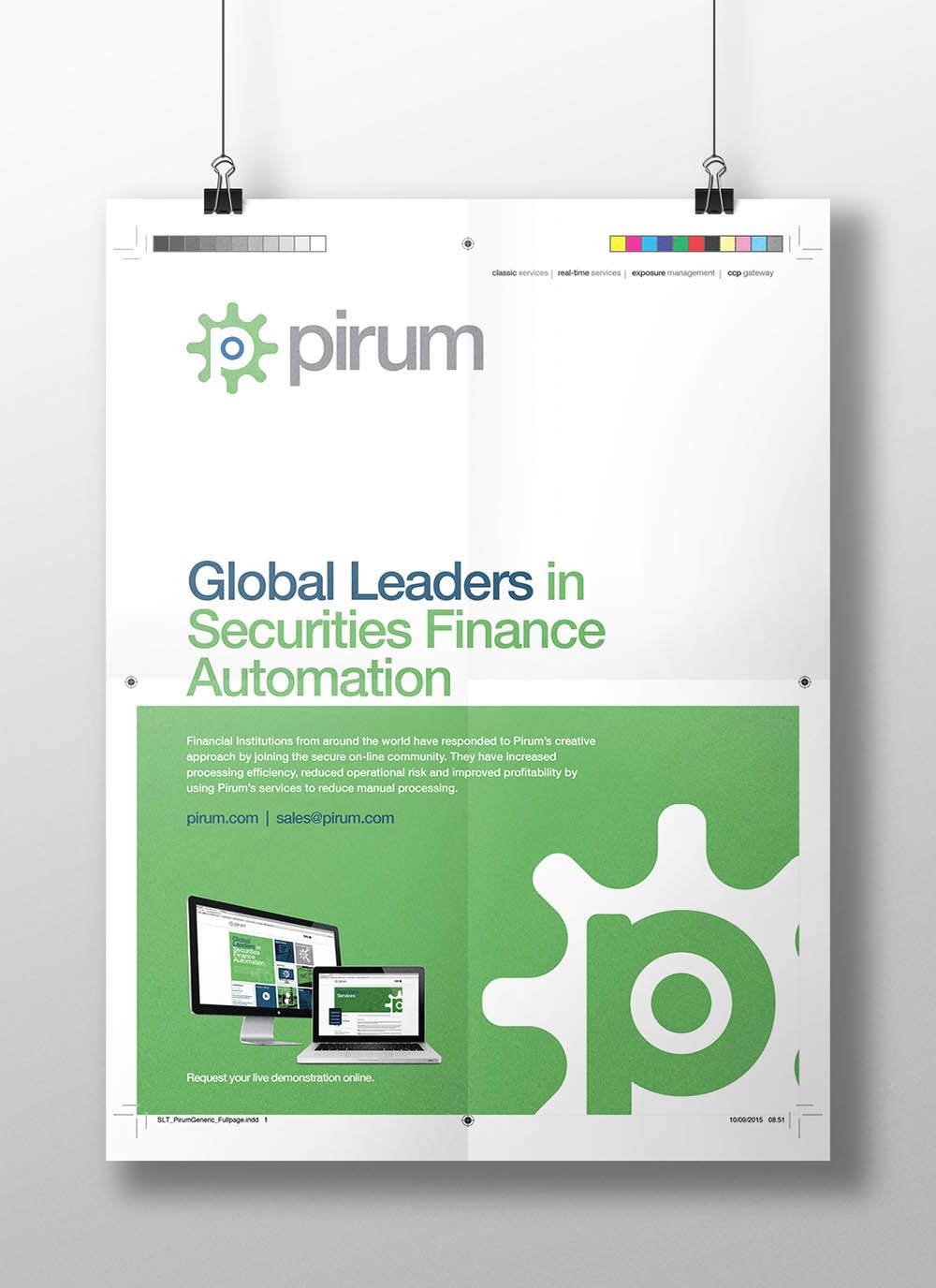 Pirum securities finance automation poster with green cog branding