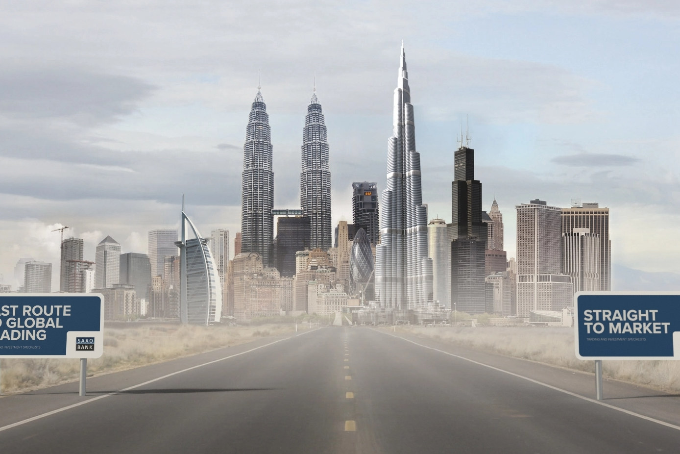 Saxo Bank launch campaign visual with a road leading to a city skyline