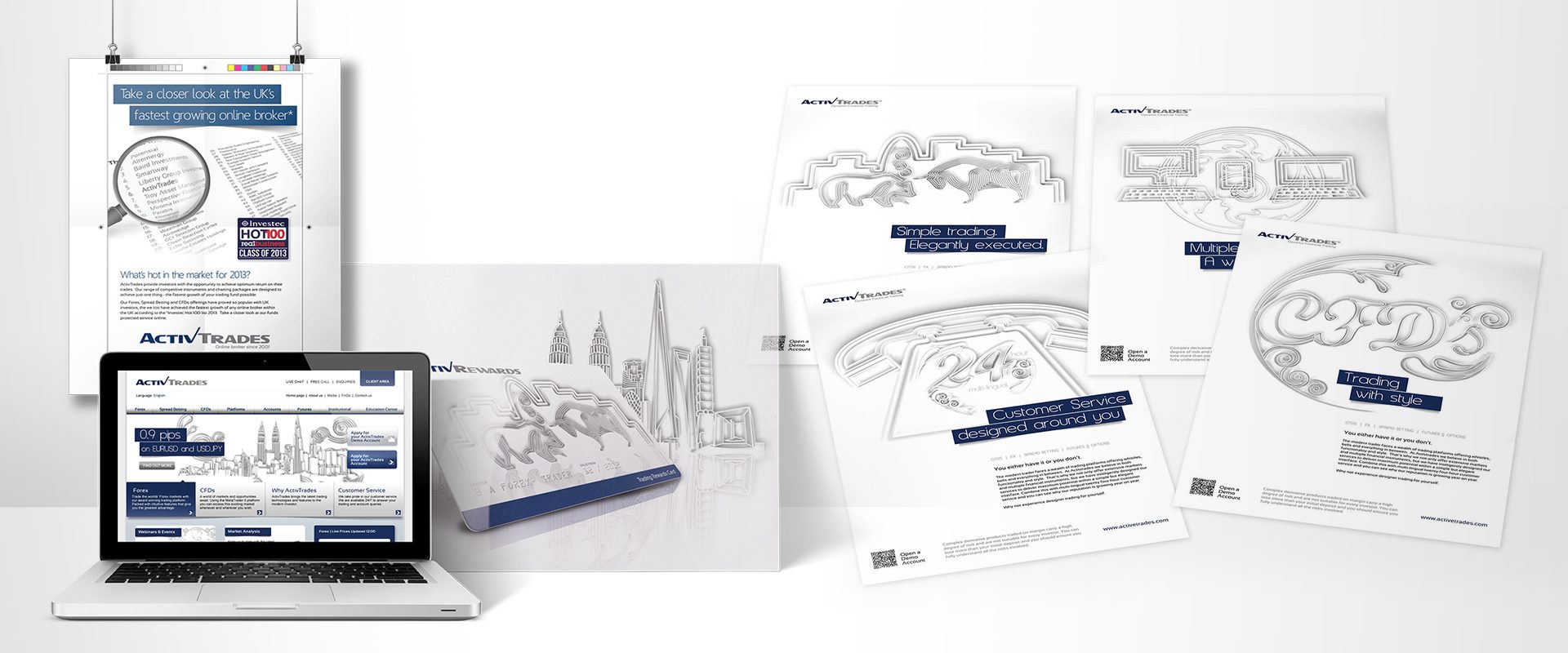 ActivTrades campaign collateral with devices, brochures and concept sketches