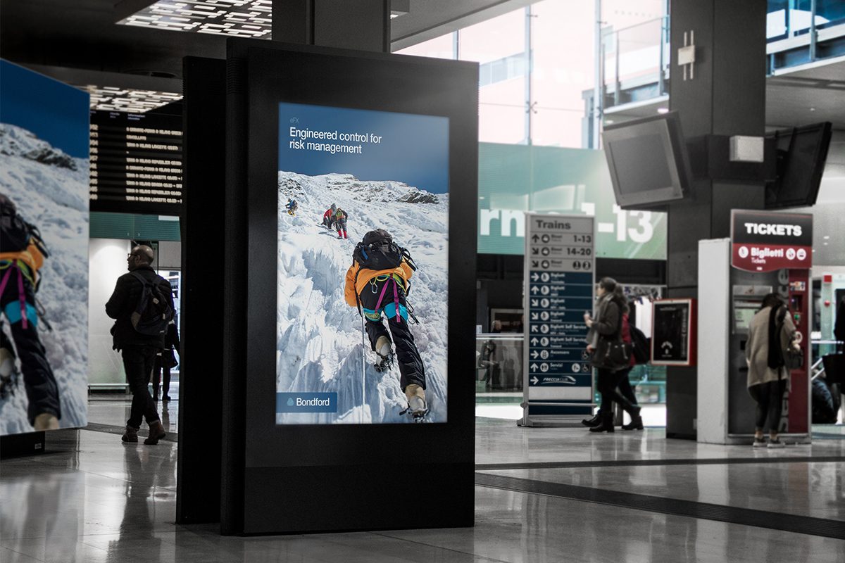 Bondford digital billboard with mountain and climber imagery