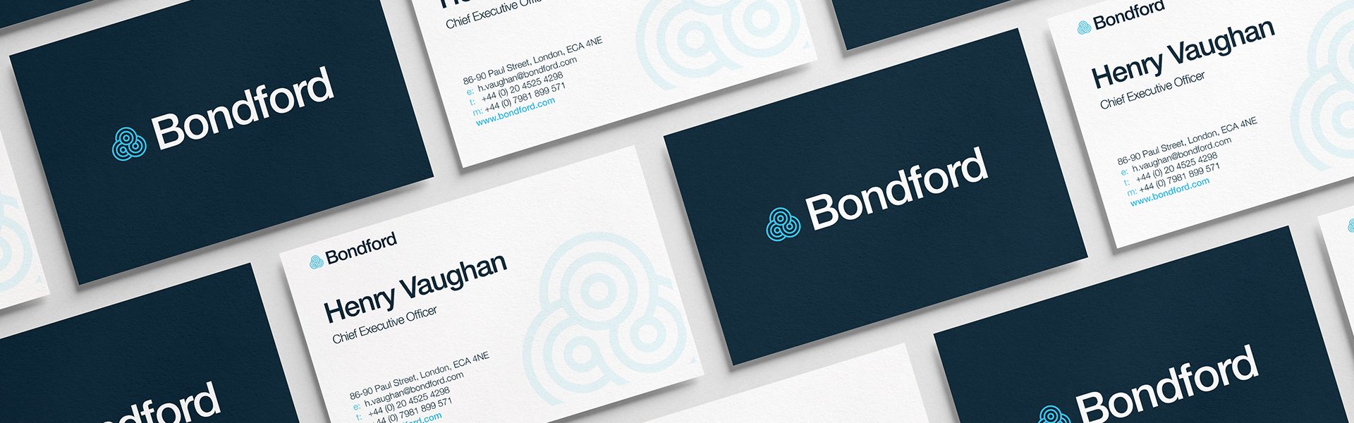 Bondford business cards with navy and pale blue branding
