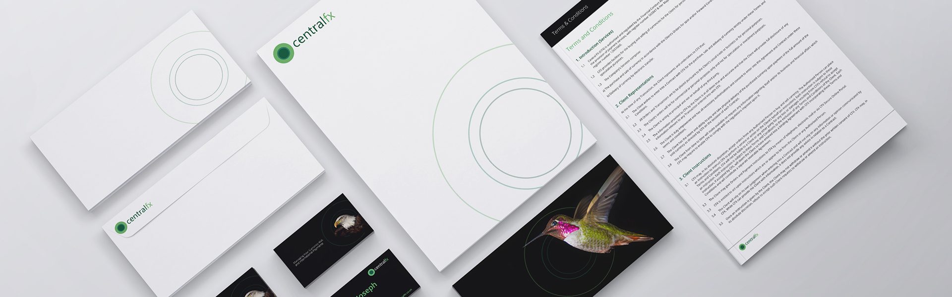 Central FX stationery and branded collateral on a white background