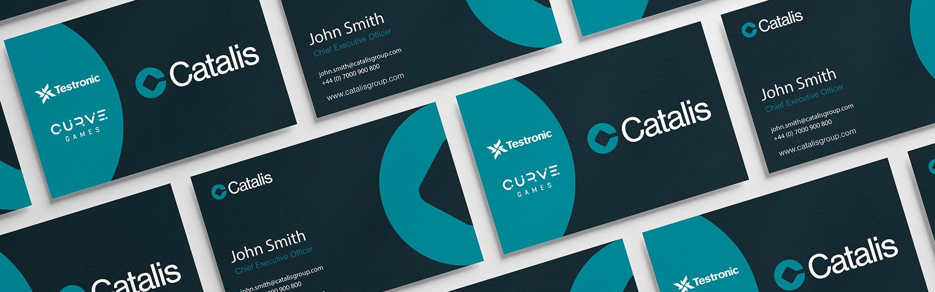 Catalis business cards with turquoise branding