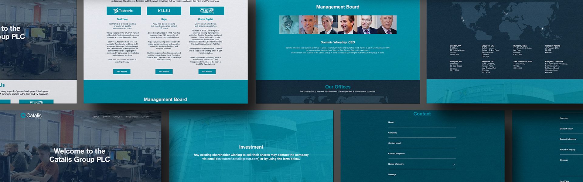 Catalis website page designs in teal and dark blue