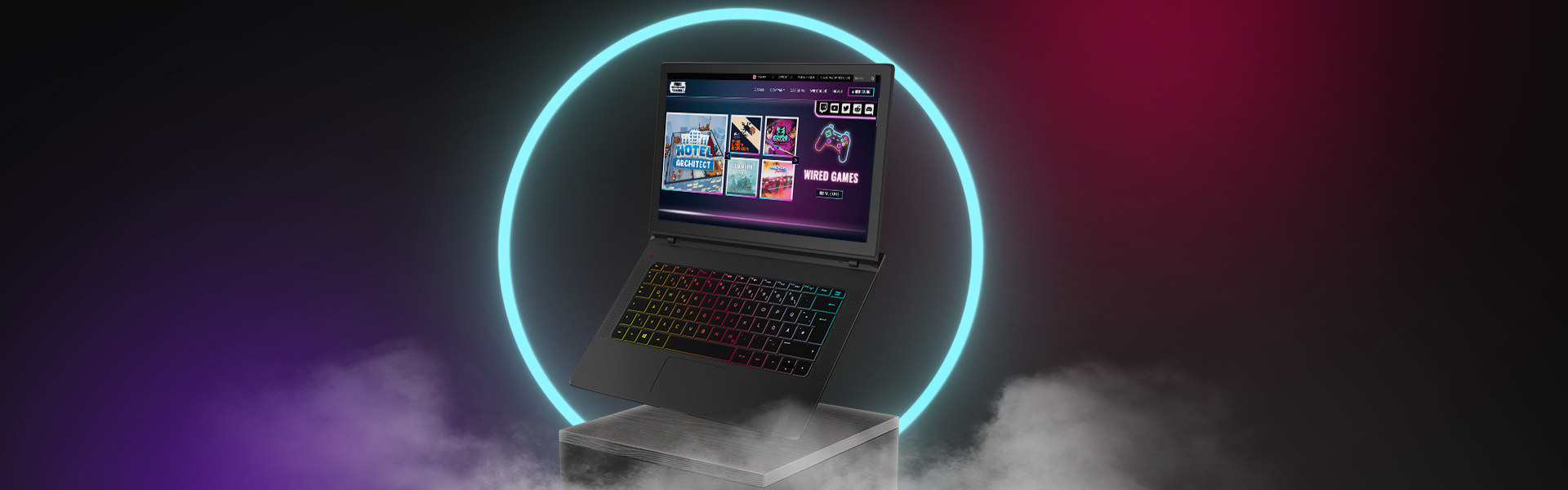 Wired Productions gaming website on a laptop framed by neon light