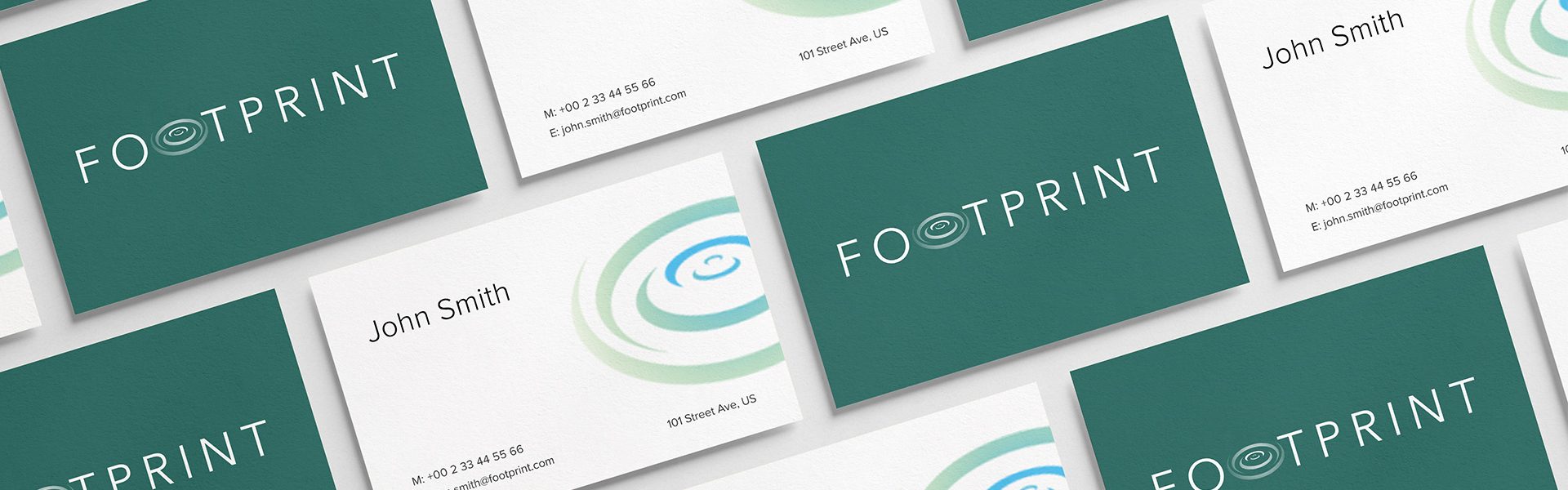 Footprint business cards with green circular ripple branding