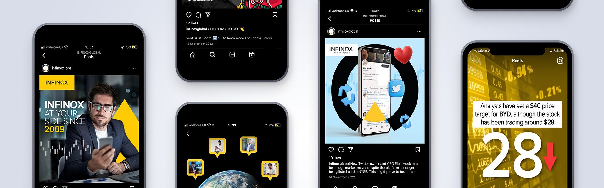 INFINOX mobile campaign screens on black smartphones