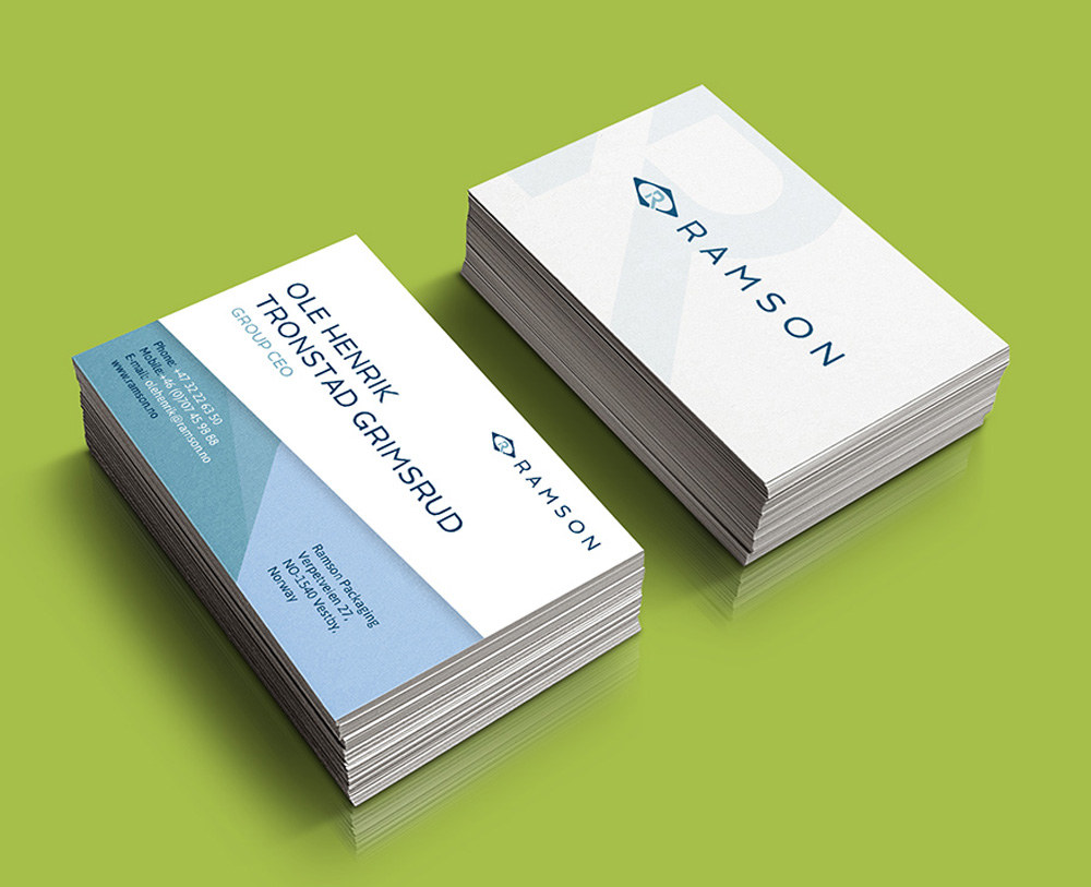 Ramson Packaging business cards in blue and white