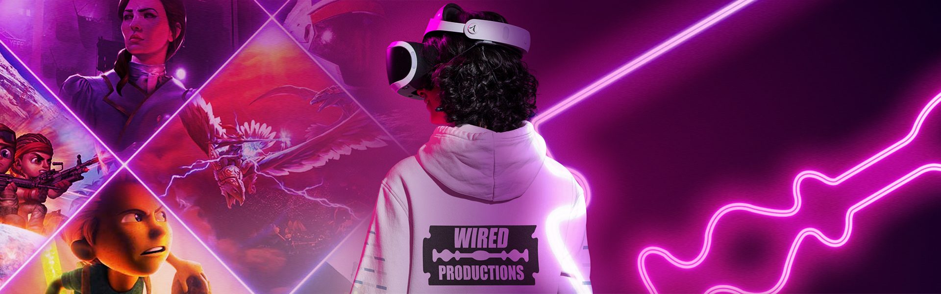Wired Productions neon gaming campaign graphic with VR character and game art