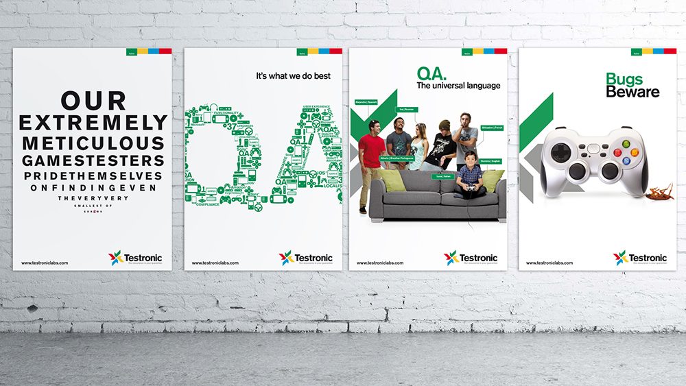 Testronic campaign posters using gaming controller and QA graphics